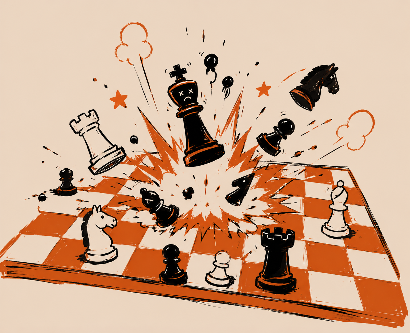 Chess pieces fly from an exploding orange and cream board in a hand-drawn atomic chess illustration