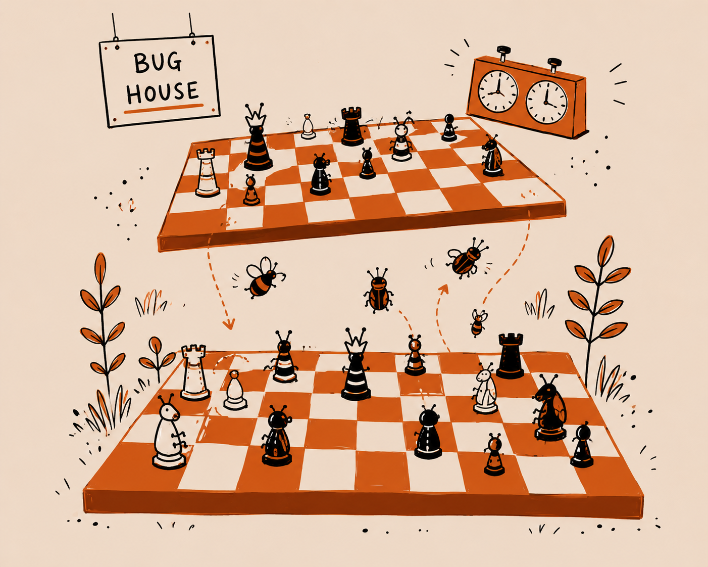 A playful illustrated bughouse game with two boards, chess clocks and bee-like pieces flying between them