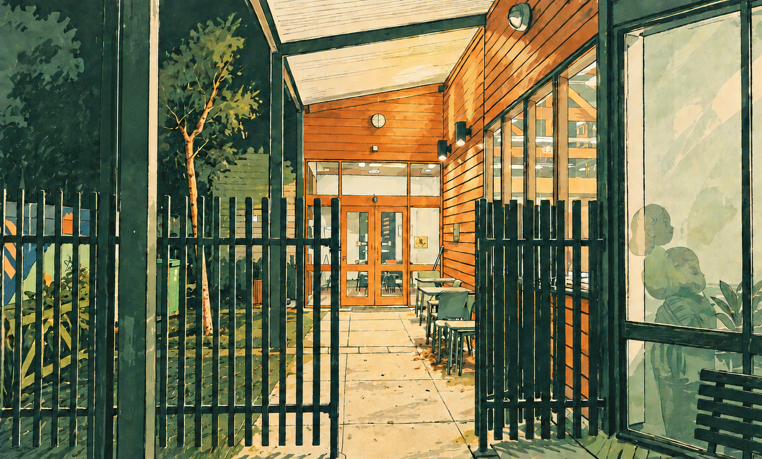 An illustrated view through the gates to the Belgrave Library entrance