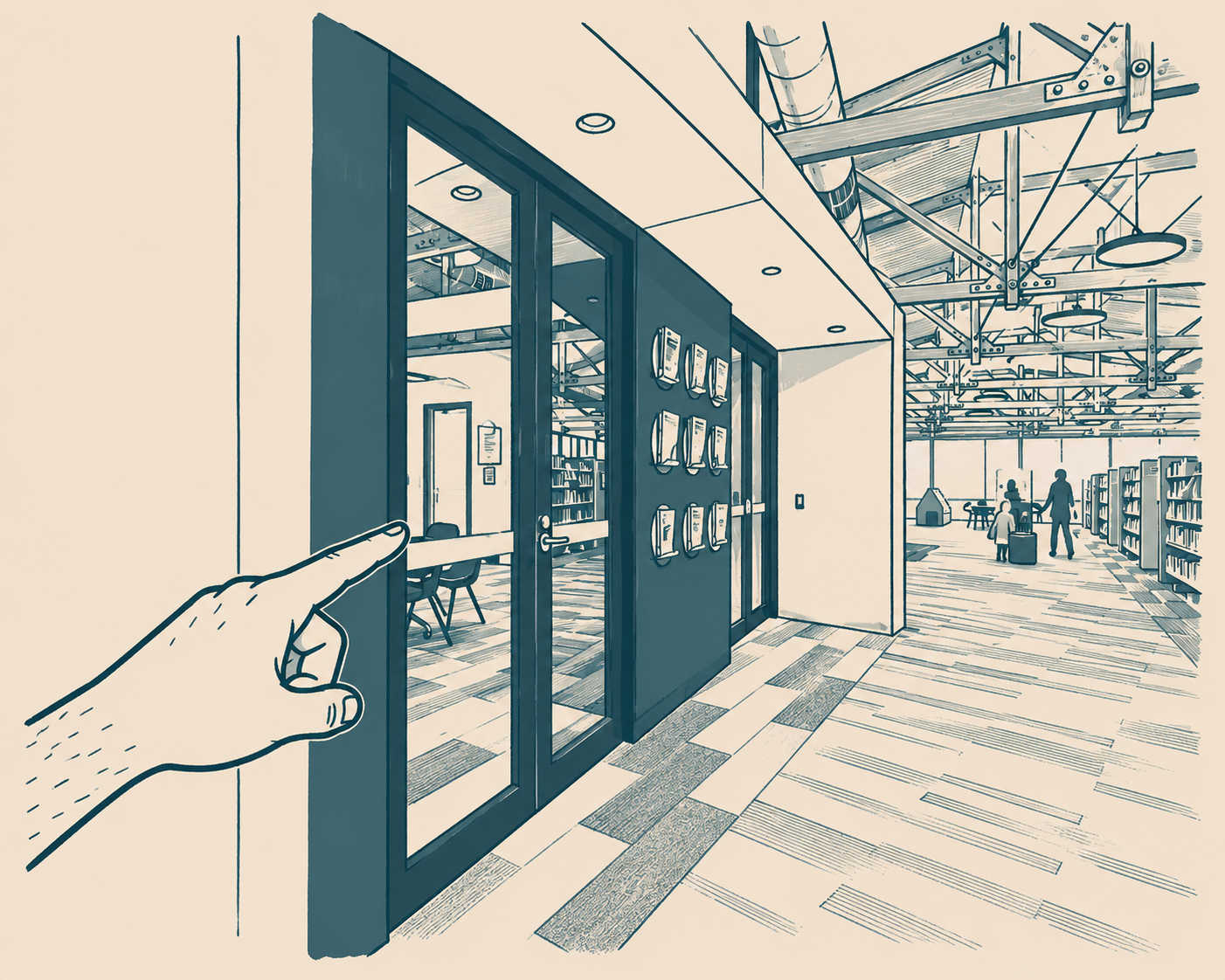 An illustrated hand points through the doorway into Belgrave Library
