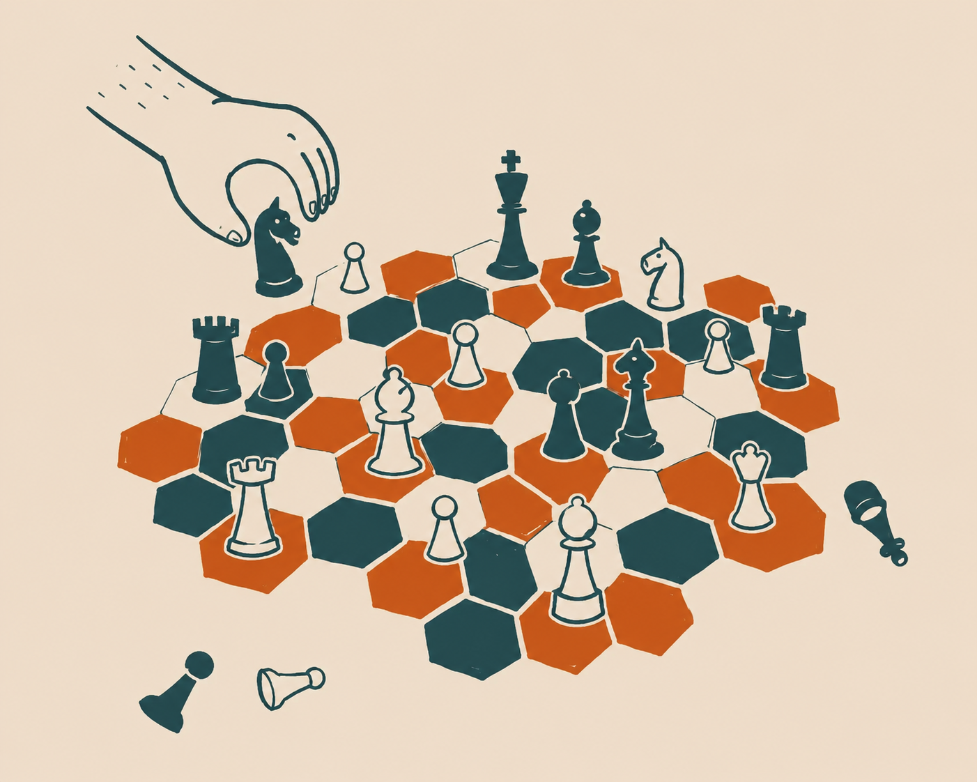 A hand moves a knight across an irregular orange and petrol hexagonal chessboard