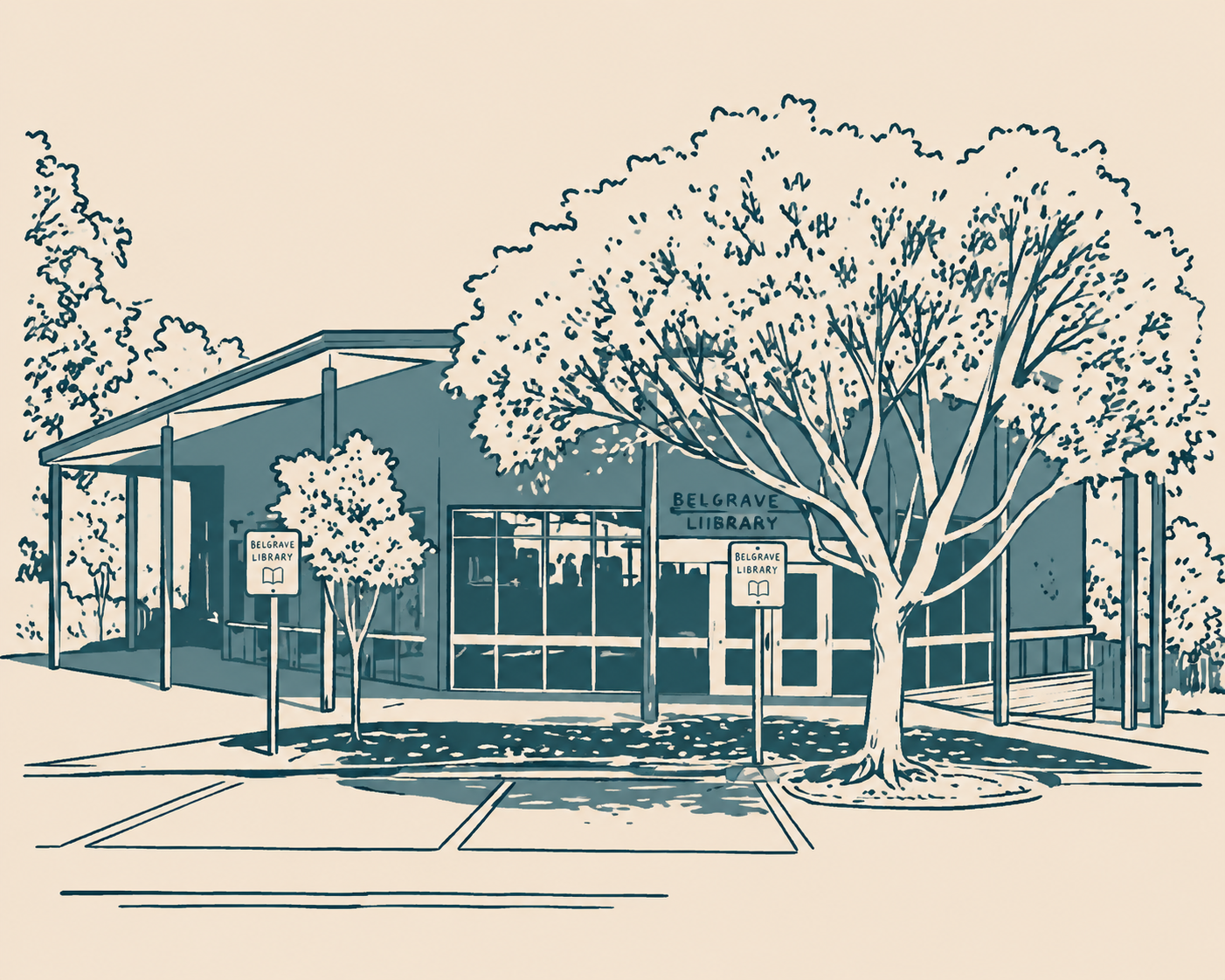 A hand-drawn view of Belgrave Library surrounded by leafy trees