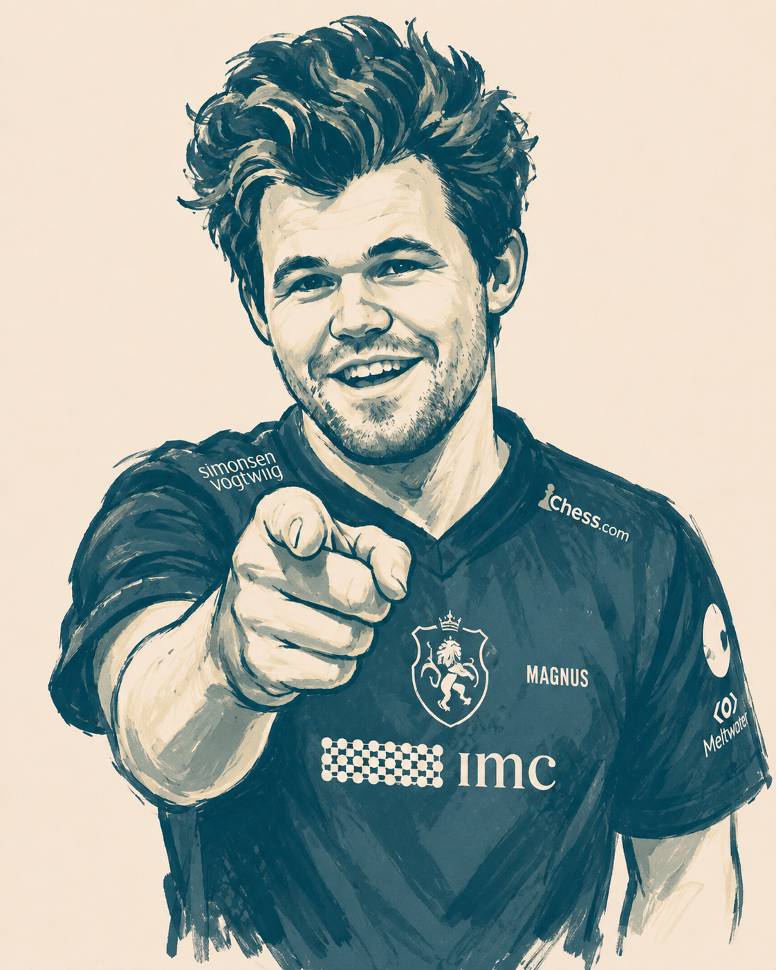 An illustrated portrait of Magnus Carlsen smiling and pointing towards the viewer