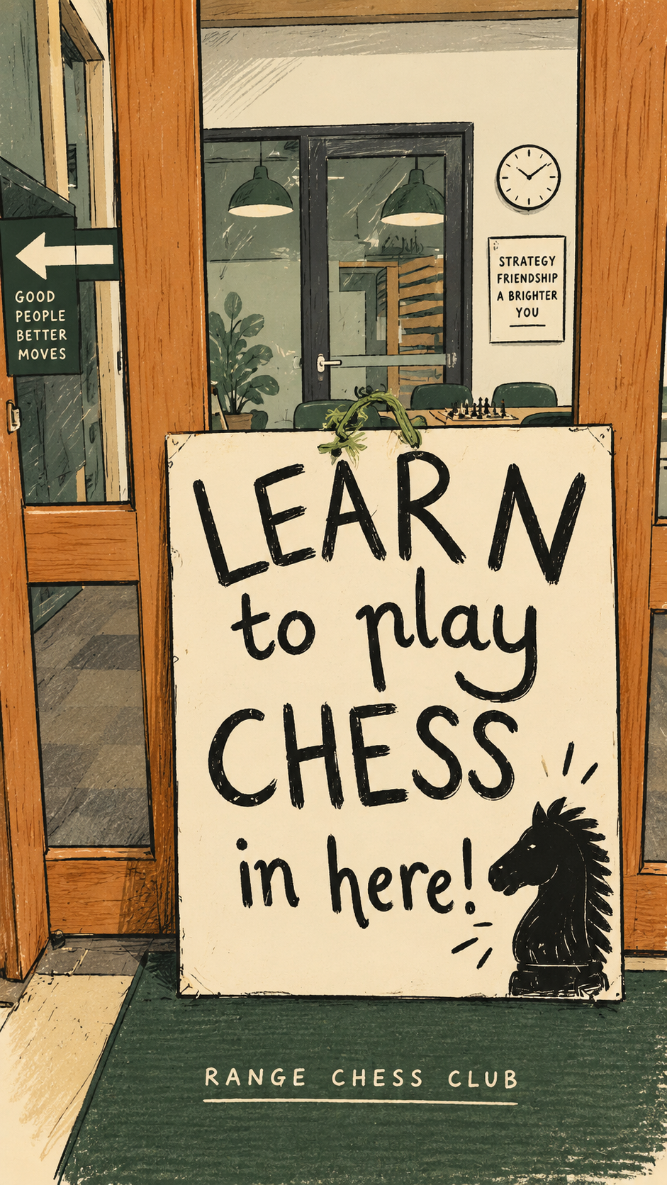 An illustrated chalkboard sign at the door reading Learn to play chess in here