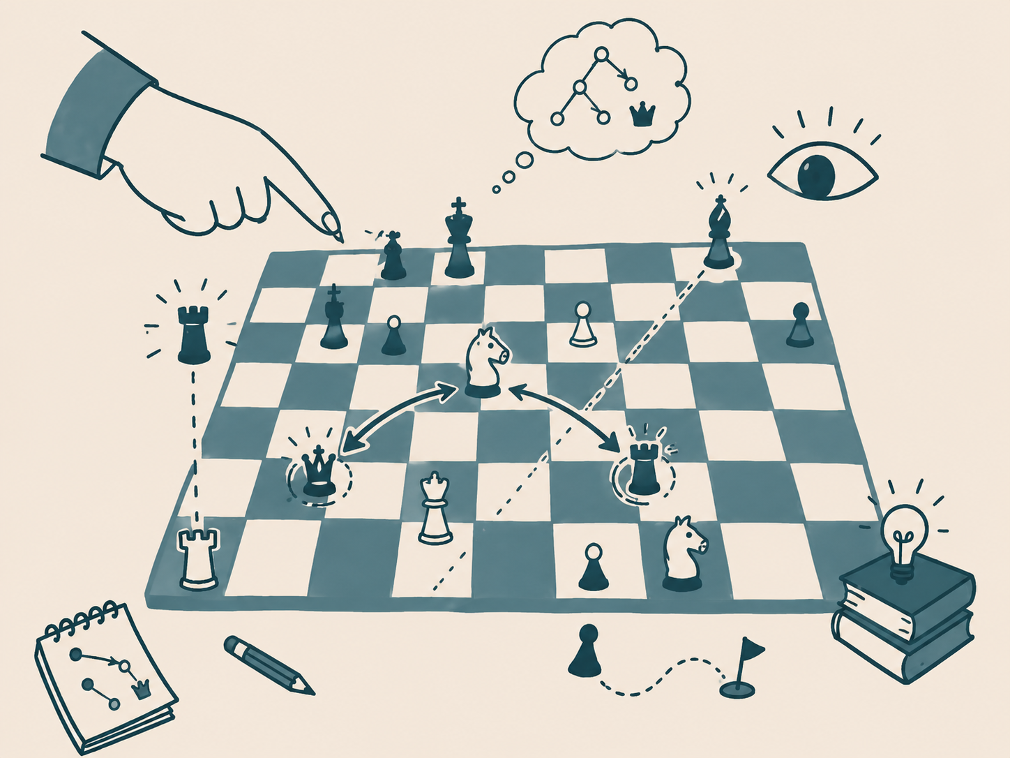 A hand-drawn chessboard surrounded by arrows, notes, books and ideas for possible moves